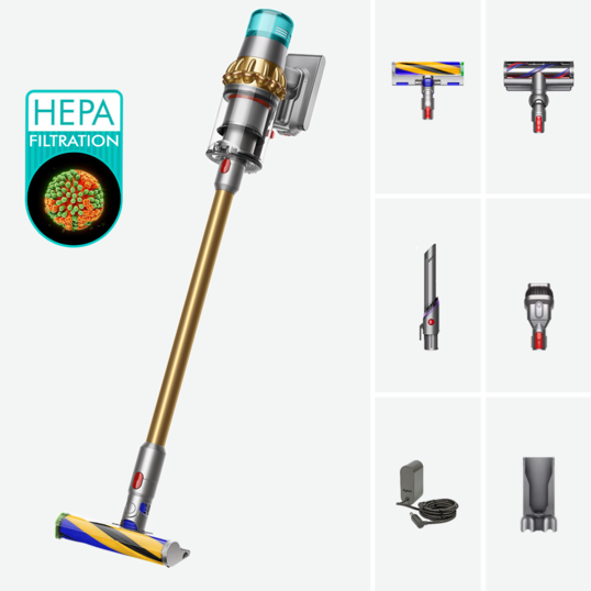 Aspirator vertical fără fir Dyson V15 Detect Absolute (Auriu) cu iluminare și filtru HEPA